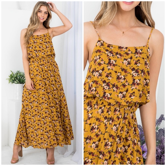 AUDREY 3+1 Mustard Floral Flounce Top Spaghetti Straps Maxi Dress - Picture 9 of 9